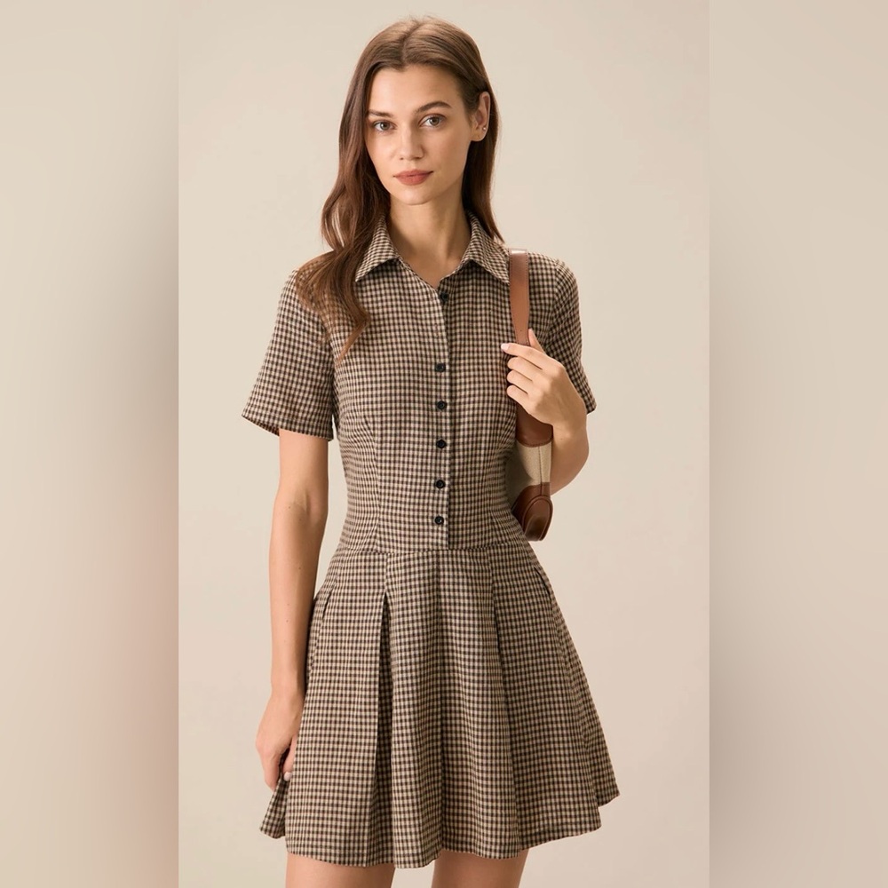 RIHOAS Women’s Brown Plaid Lapel Pleated Cotton Mini Dress Size XL NWT
